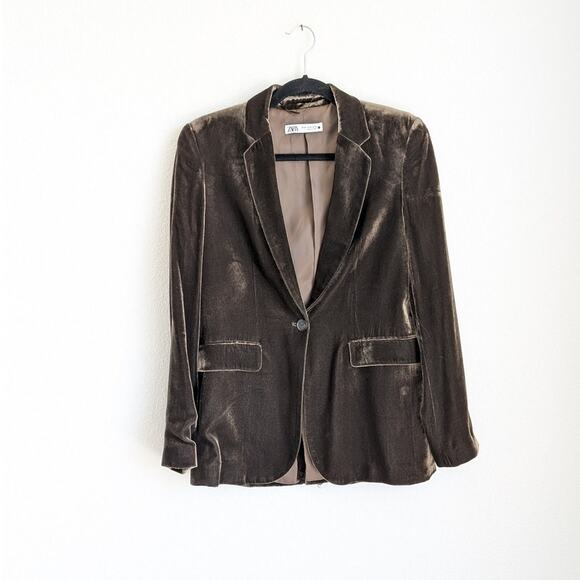 Zara Limited Edition Brown Velvet Single-breasted Silk Blend Blazer, size XS - Picture 1 of 11